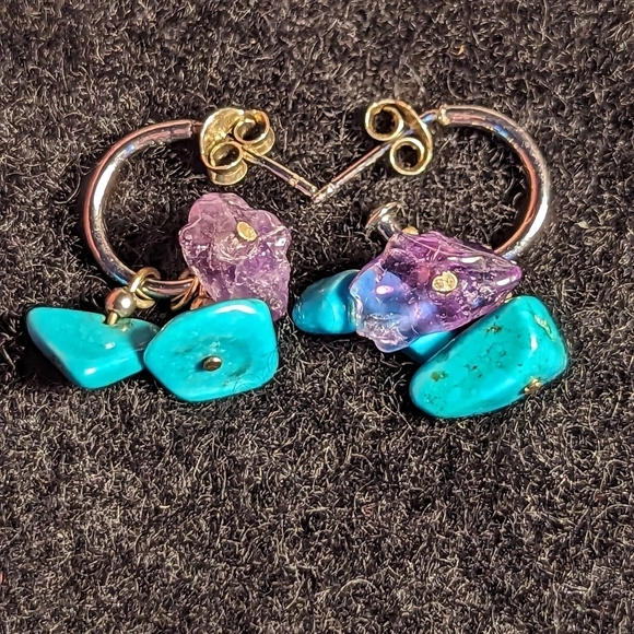 Amethyst Turquoise silver tone hoop post drop earrings removable stones - Picture 6 of 13